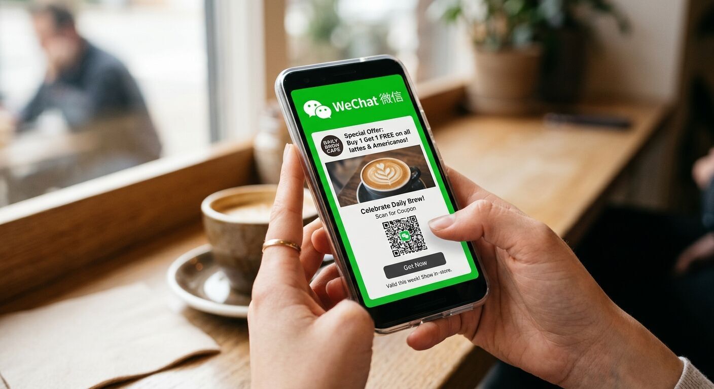 Hands holding smartphone with WeChat promotion for a coffee shop