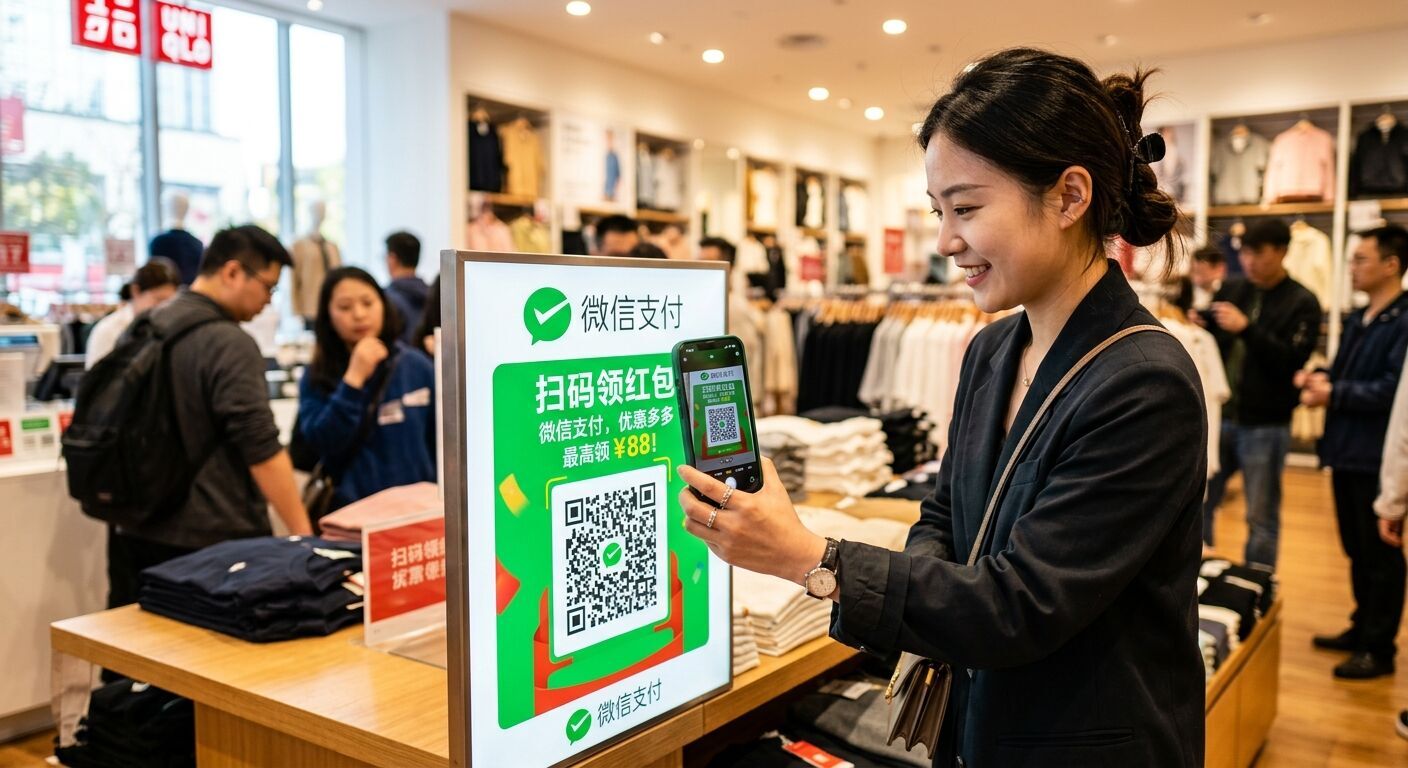 Person scanning WeChat Pay QR code from a retail store display