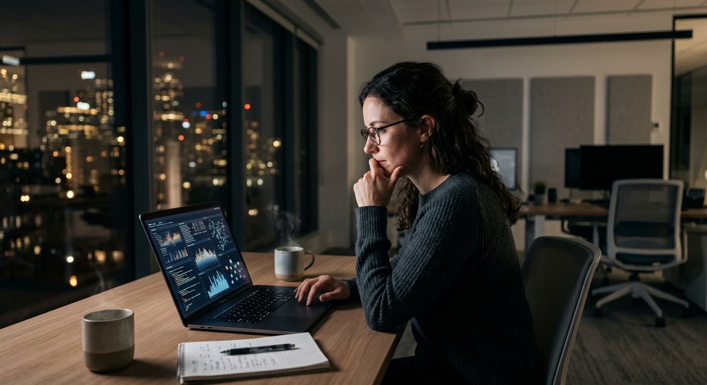 A focused professional, subtly illuminated by a laptop screen displaying abstract data, deep in thought, seeking answers in a modern, minimalist office environment. High detail, realistic photography.