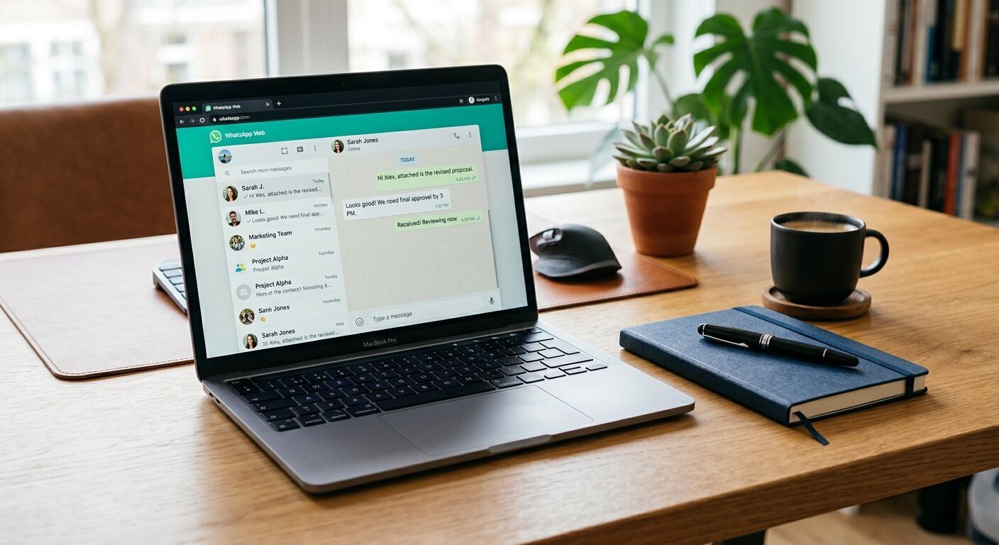 A professional desk setup featuring an open laptop showing the WhatsApp web interface with its distinctive logo. Accompanying elements include a stylish notebook, pen, and a subtle coffee cup, conveying productivity and seamless business communication.