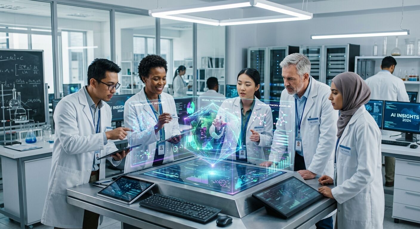Diverse team of scientists examining a sophisticated holographic projection