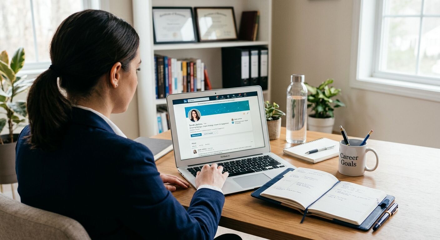 A person viewing their LinkedIn profile on a laptop, with the LinkedIn logo prominent on the screen, surrounded by professional work items like a planner and pen. The scene suggests career planning and digital presence, well-lit, from a slightly elevated angle.