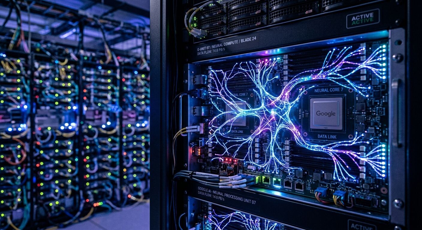 Close-up of intricate neural networks glowing on a server rack