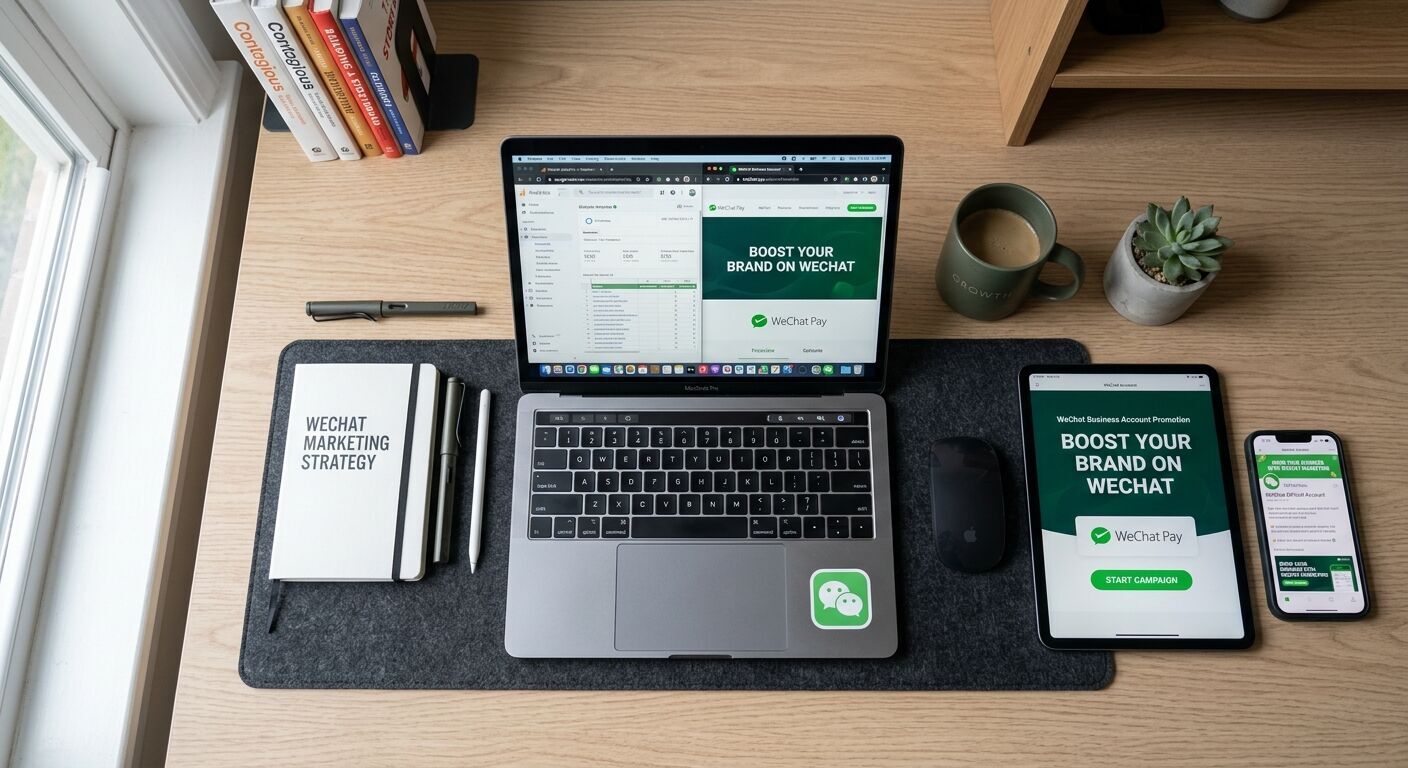 Desk setup with laptop, tablet, and smartphone displaying a WeChat business account promotion