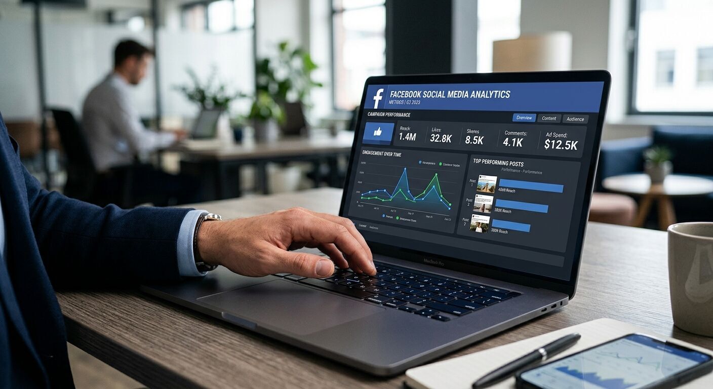 A professional's hand hovering over a laptop keyboard, where the Facebook logo is prominently displayed on the screen as part of a social media analytics dashboard. Focus on sleek design and a data-driven business context.