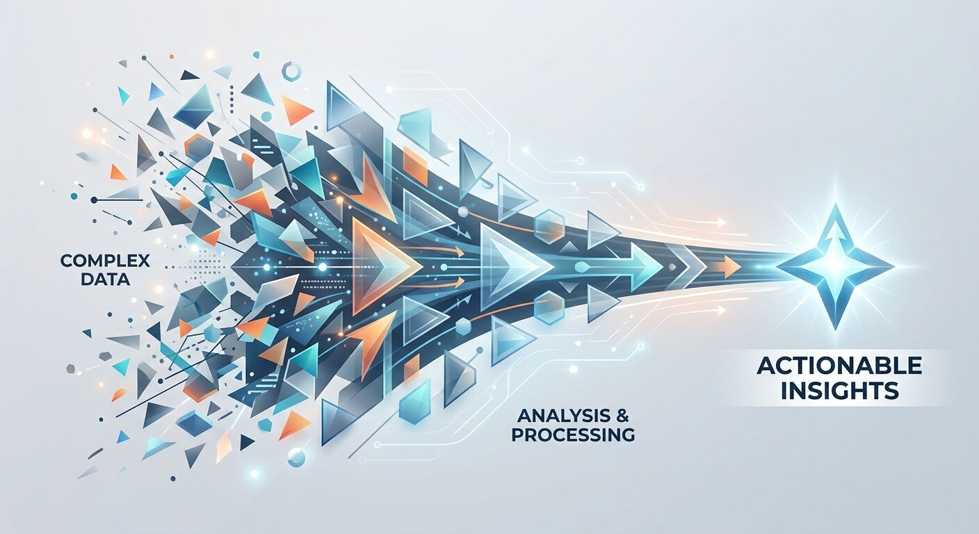 A clean, abstract design with geometric shapes converging, representing complex information streamlining into clear, actionable insights. Bathed in soft, professional studio lighting.