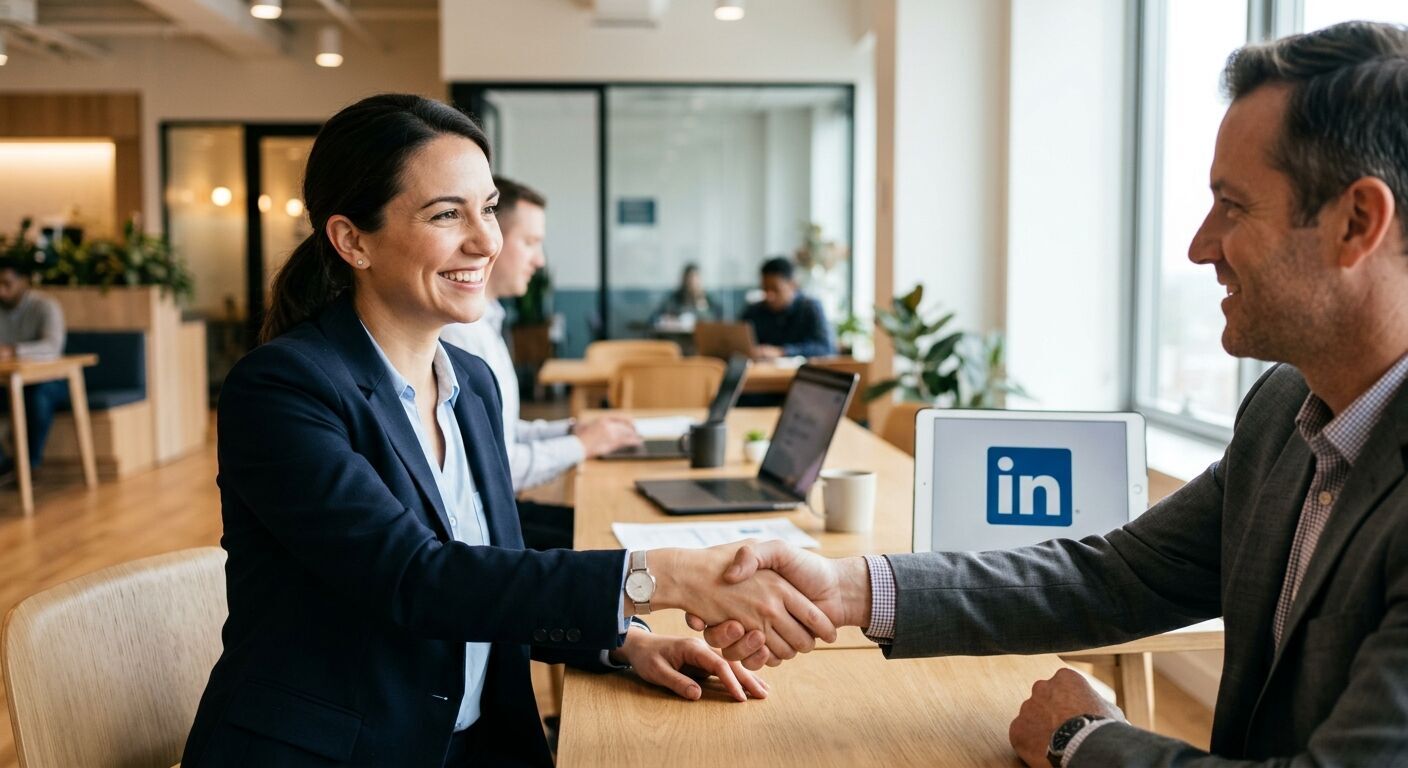 A professional hand reaching out to another, subtly revealing the LinkedIn logo on a tablet screen in the background, symbolizing digital networking and connection in a bright, modern office setting. Shot from a medium distance with a shallow depth of field, natural light.