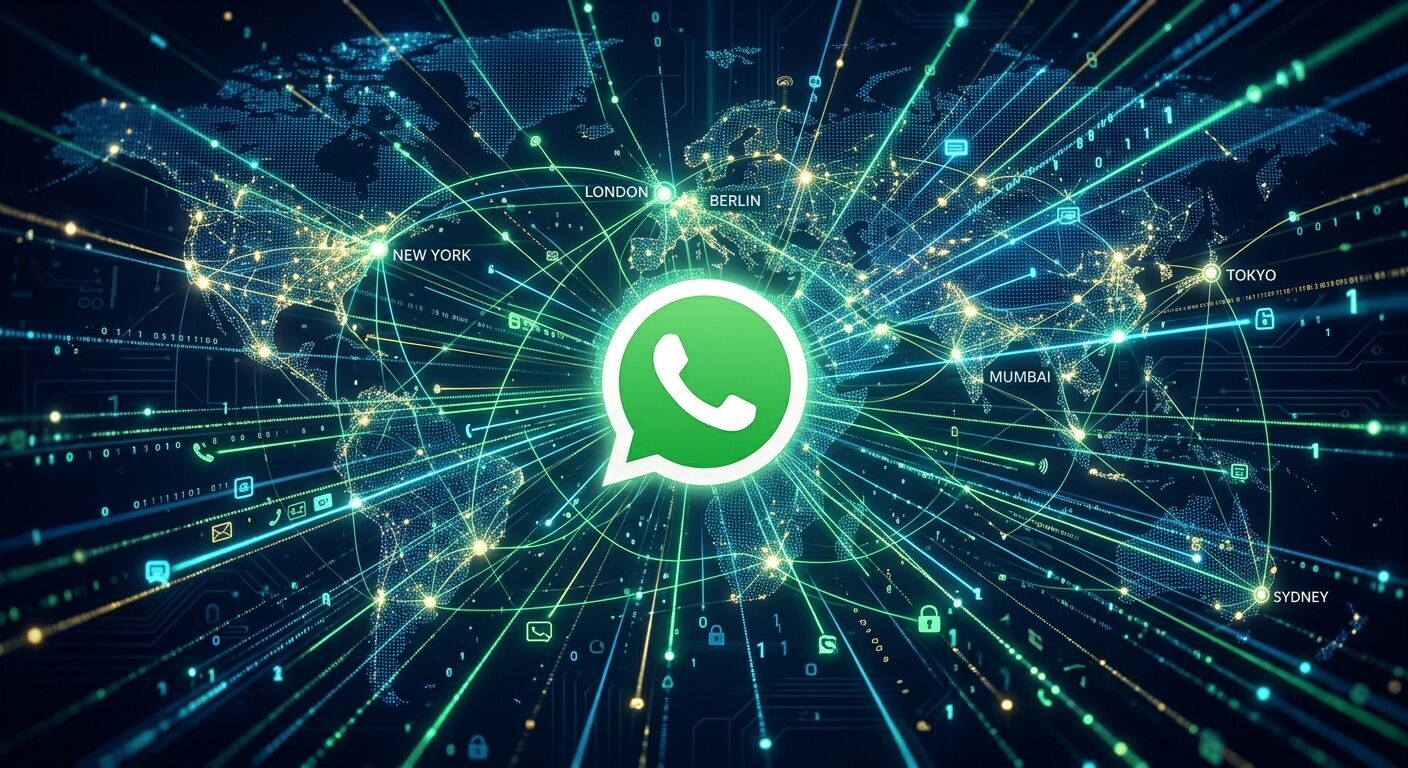 A stylized, conceptual image featuring the WhatsApp logo at the center of a network of glowing, interconnected lines and subtle data streams on a dark, technologically advanced background, symbolizing secure and global digital communication.