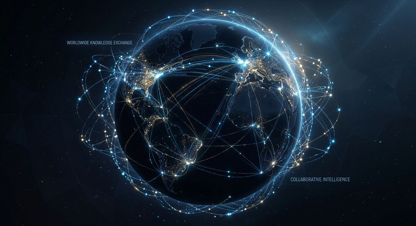 Interconnected glowing data points forming a global network over a dark, elegant background, symbolizing worldwide knowledge exchange and collaborative intelligence. Professional, high-tech aesthetic.