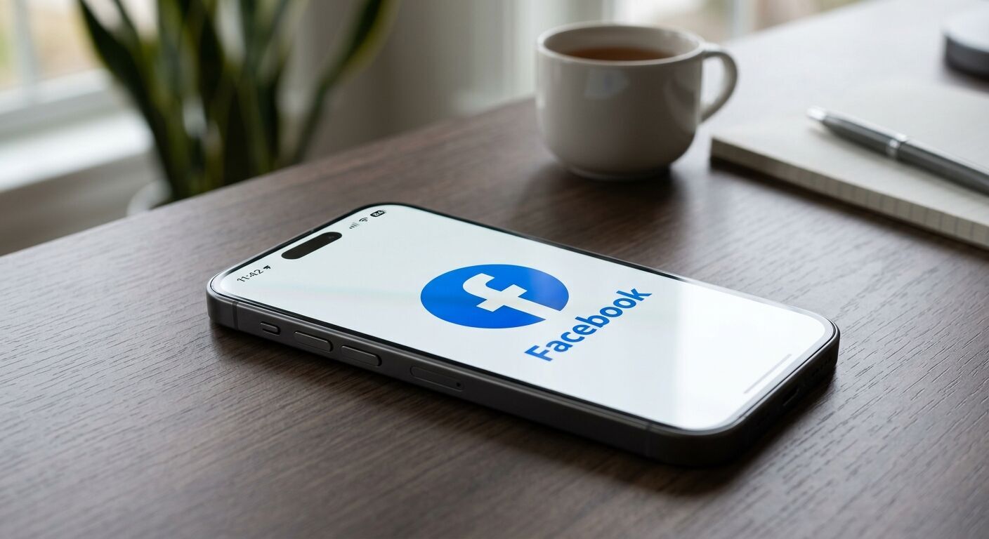 A highly detailed close-up of a smartphone displaying the Facebook logo on its illuminated screen, reflecting soft ambient light from a modern, minimalist desk setting. Emphasize crisp resolution and a sense of digital connectivity.
