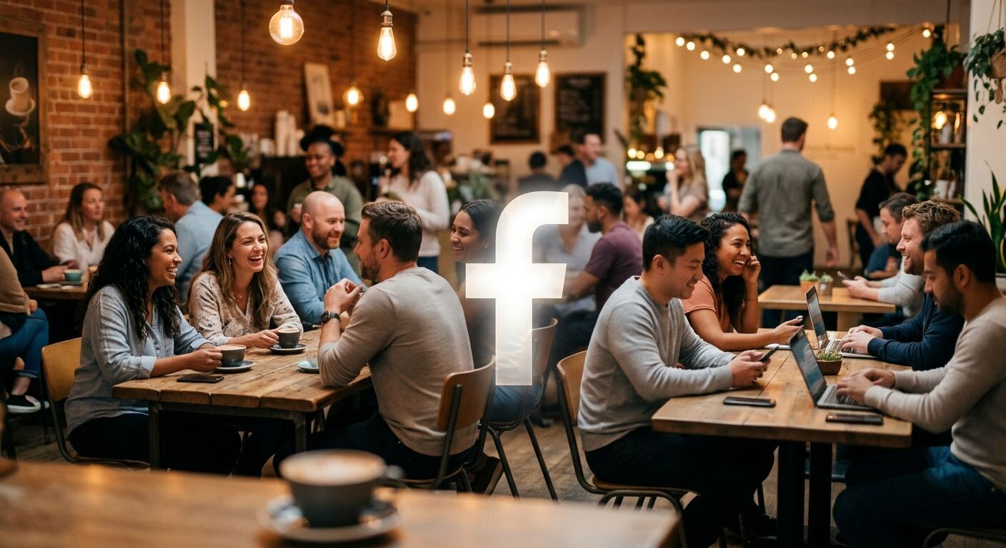 A subtle, stylized Facebook logo integrated into a blurred backdrop of diverse people interacting in a cafe, symbolizing community and global connection. Emphasize a warm, inviting atmosphere and digital social fabric.