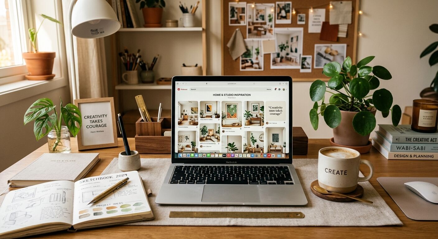 A stylish, organized desk featuring a laptop open to a Pinterest board, surrounded by inspiring objects like a sketchbook, plants, and coffee, emphasizing creativity and planning.