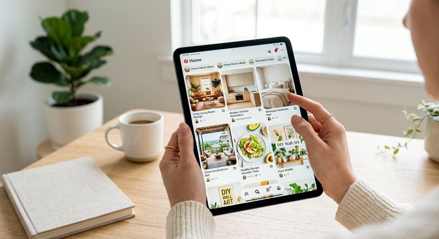A close-up shot of hands holding a tablet displaying a vibrant Pinterest feed, with various lifestyle images and design pins. The setting is a minimalist, brightly lit home office.