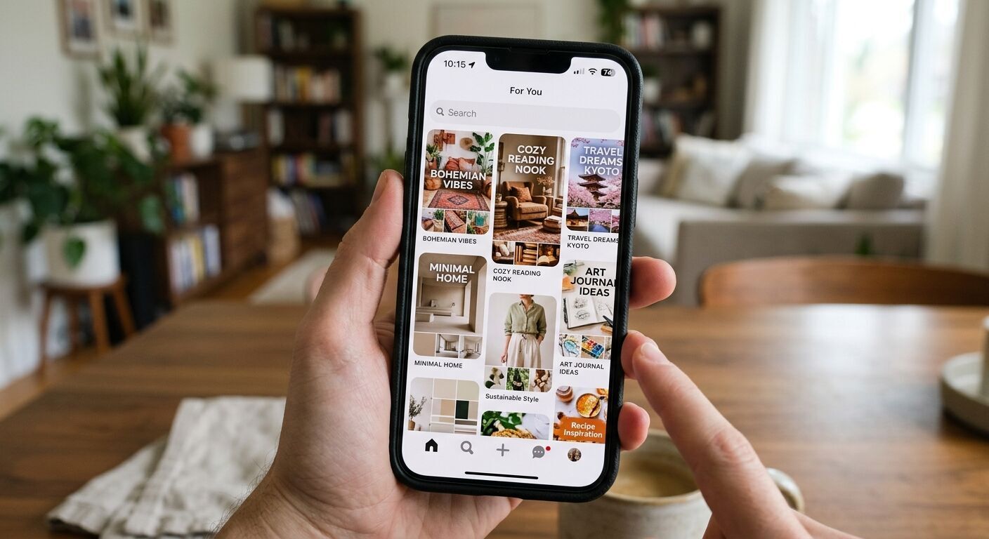 A user’s perspective shot looking down at a smartphone, scrolling through a Pinterest interface showcasing diverse mood boards, reflecting content discovery and personal curation.