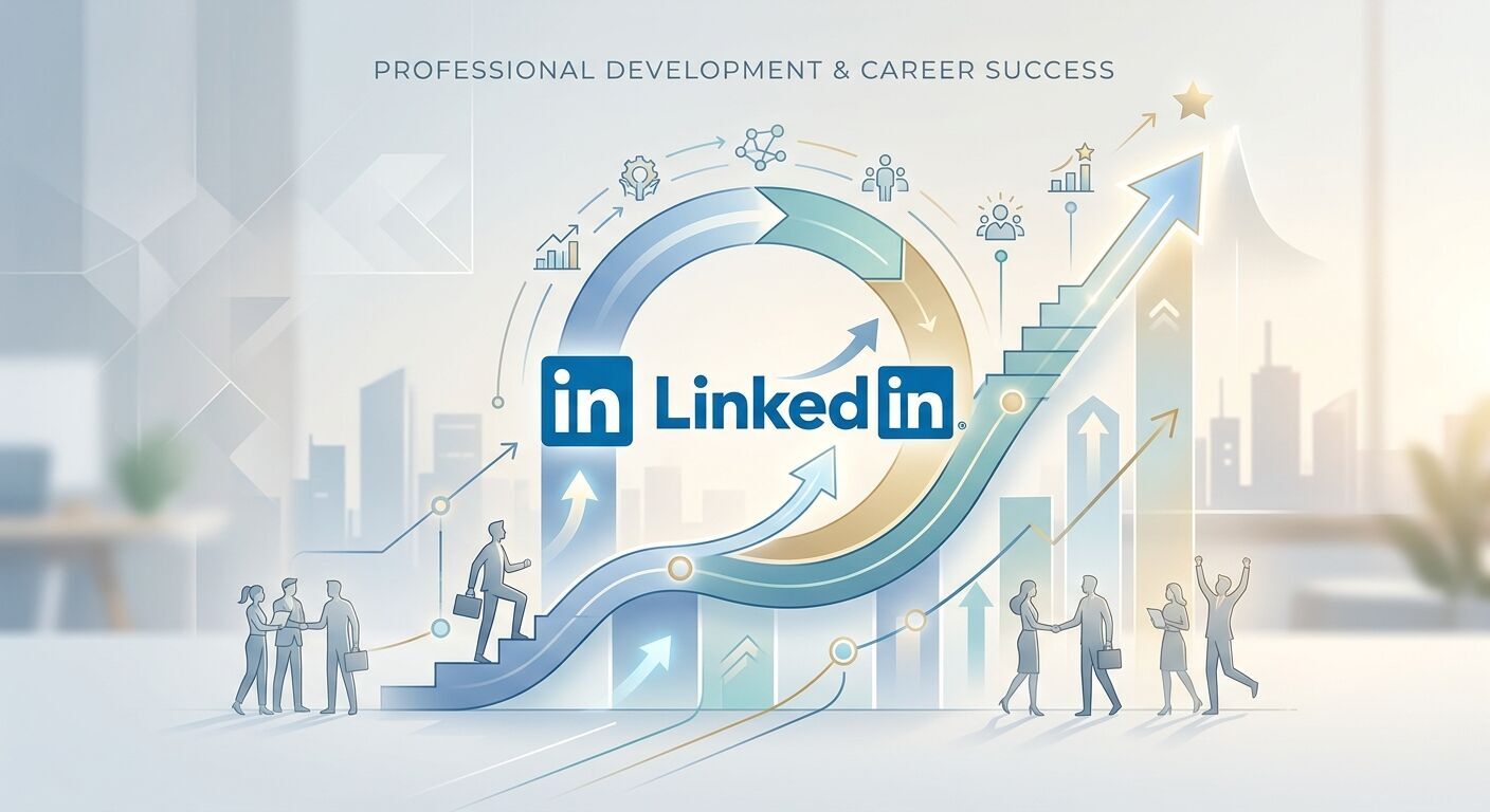 A stylized, minimalist rendering of the LinkedIn logo integrated into a visual representing a career path or growth chart, with subtle upward arrows and professional figures in the background. Clean lines, soft lighting, conveying professional development and success.