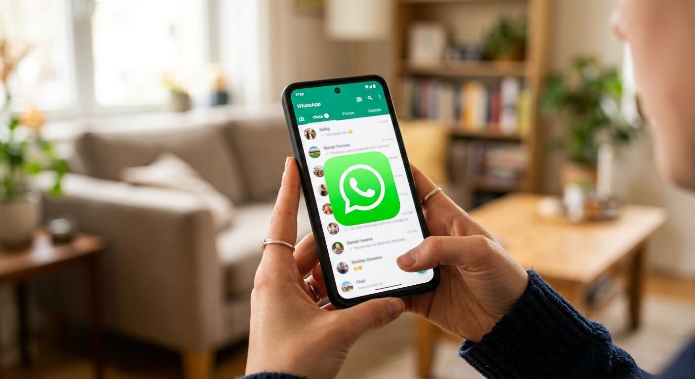 Close-up of a smartphone screen displaying the vibrant WhatsApp logo, held by hands. The background is a softly blurred modern office or cozy home environment, emphasizing personal digital communication and connection with realistic lighting and depth of field.